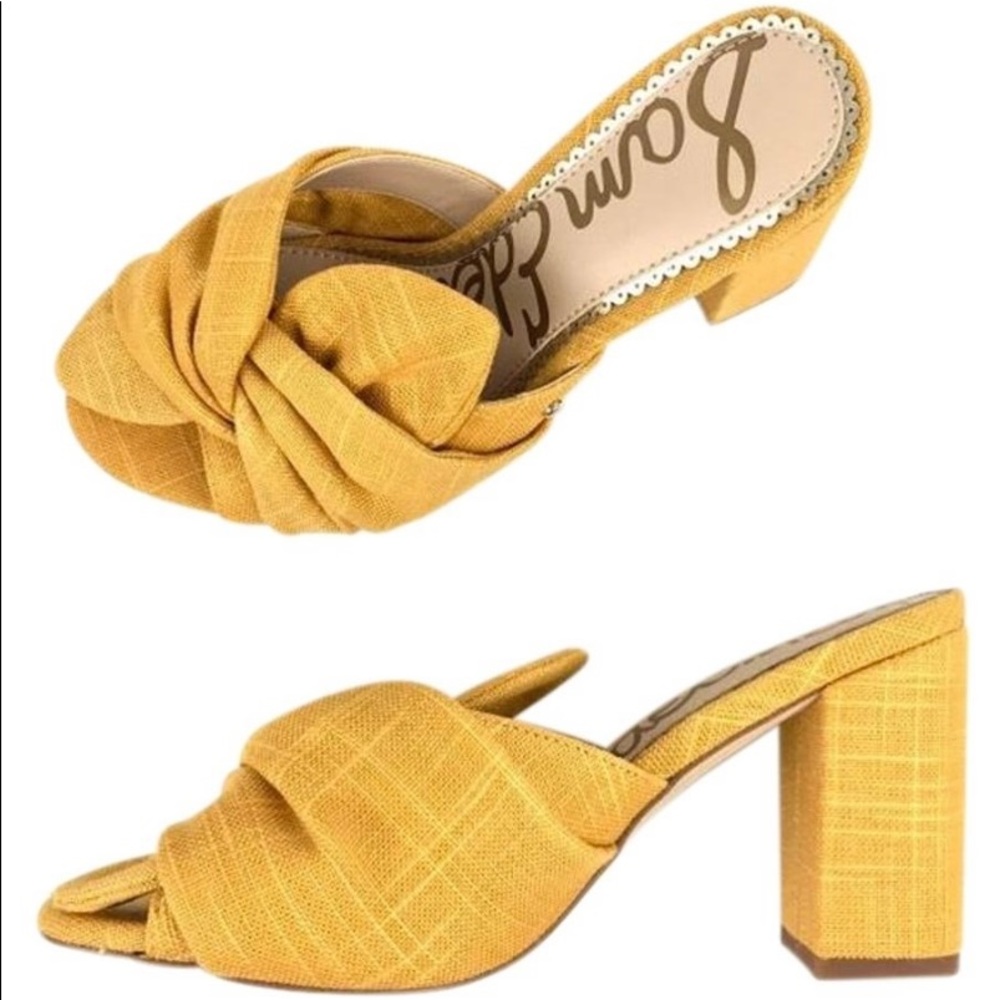 Sam Edelman Oda Knot Mules Heeled Sandals Slide On Mustard Yellow Knit Sz 6 NWOB